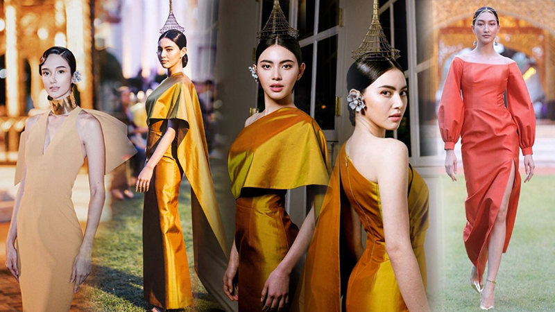 PATTARAT ชุดไทย ชุดไทยประยุกต์ ดีไซเนอร์ไทย เนย ปภาดา เสื้อผ้าดีไซเนอร์ไทย แพนเค้ก-เขมนิจ แฟชั่นโชว์ แอม พัทธรัตน์ อาจวงษ์ ใหม่ ดาวิกา